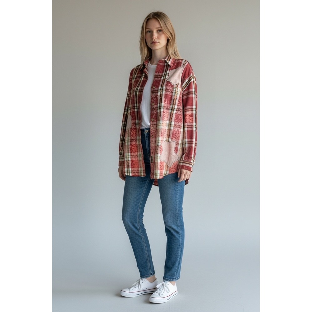 Dockers DIY Dockers Red Plaid Bleached Distressed Star Button Down Flannel Sz XL